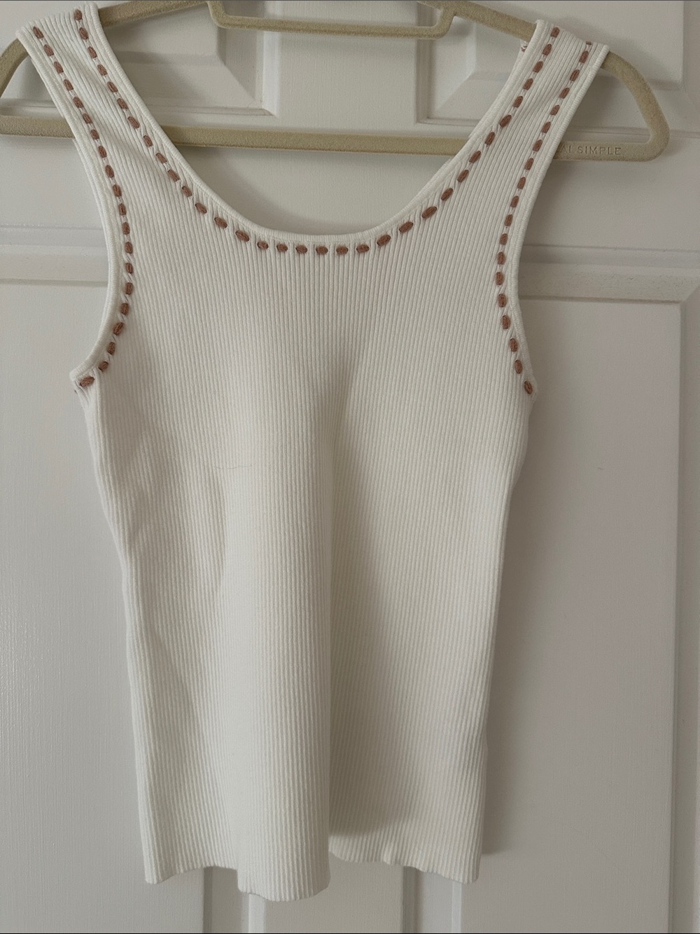 Women's White Ribbed Tank Top with Contrast Stitching